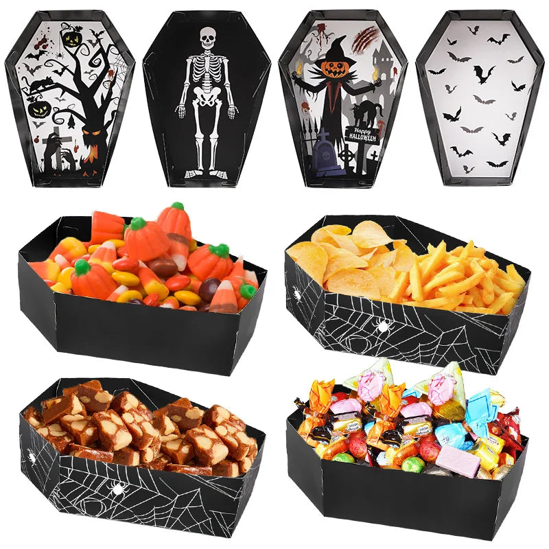 12/24Pcs Halloween Coffin Paper Food Serving Trays Candy