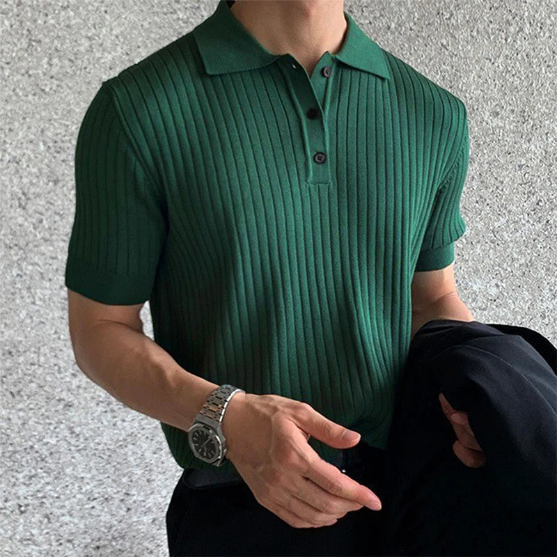 Clothing Retro Knit Lapel Striped Polo Shirt