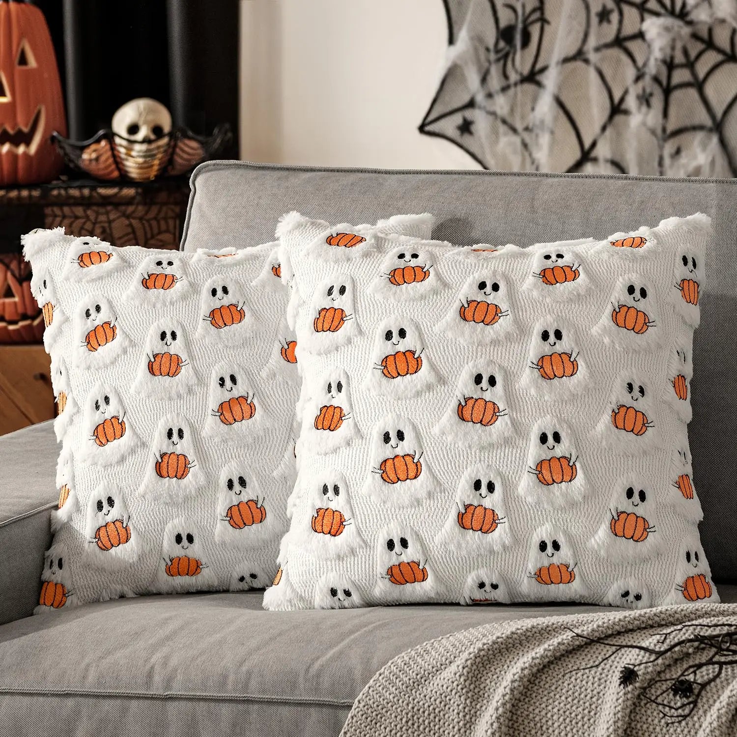 Ghost Pumpkin Plush Faux Fur Pillow Covers