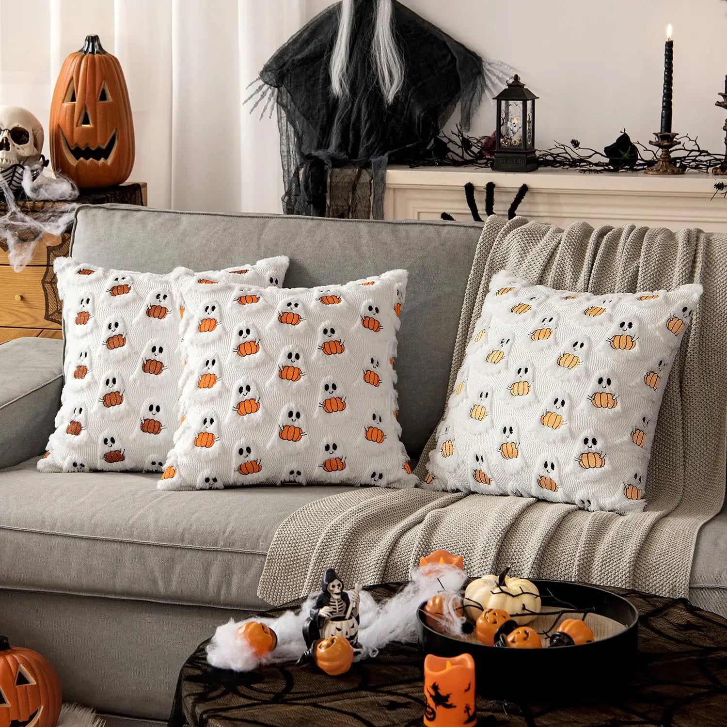 Ghost Pumpkin Plush Faux Fur Pillow Covers