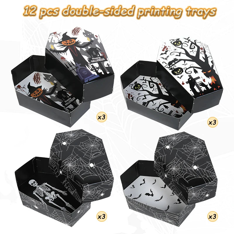 12/24Pcs Halloween Coffin Paper Food Serving Trays Candy