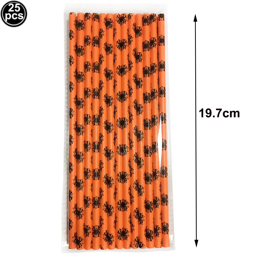 25/50/100pcs Halloween Theme Disposable Paper Straws Spider Skull