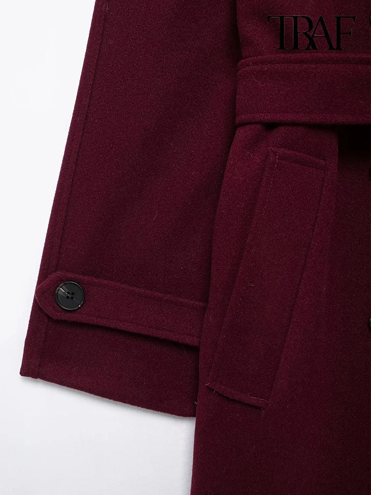 Burgundy with belt lapel tweed coat