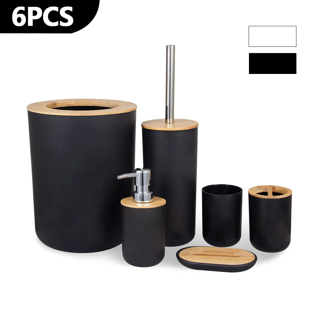 6-Piece Bathroom Set in Plastic & Bamboo – Organisation, Sophistication & Practicality