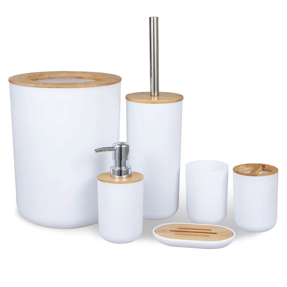 6-Piece Bathroom Set in Plastic & Bamboo – Organisation, Sophistication & Practicality