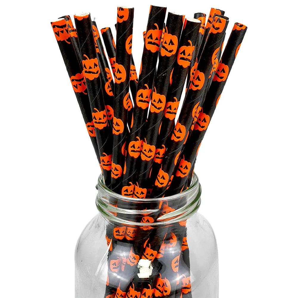 25/50/100pcs Halloween Theme Disposable Paper Straws Spider Skull