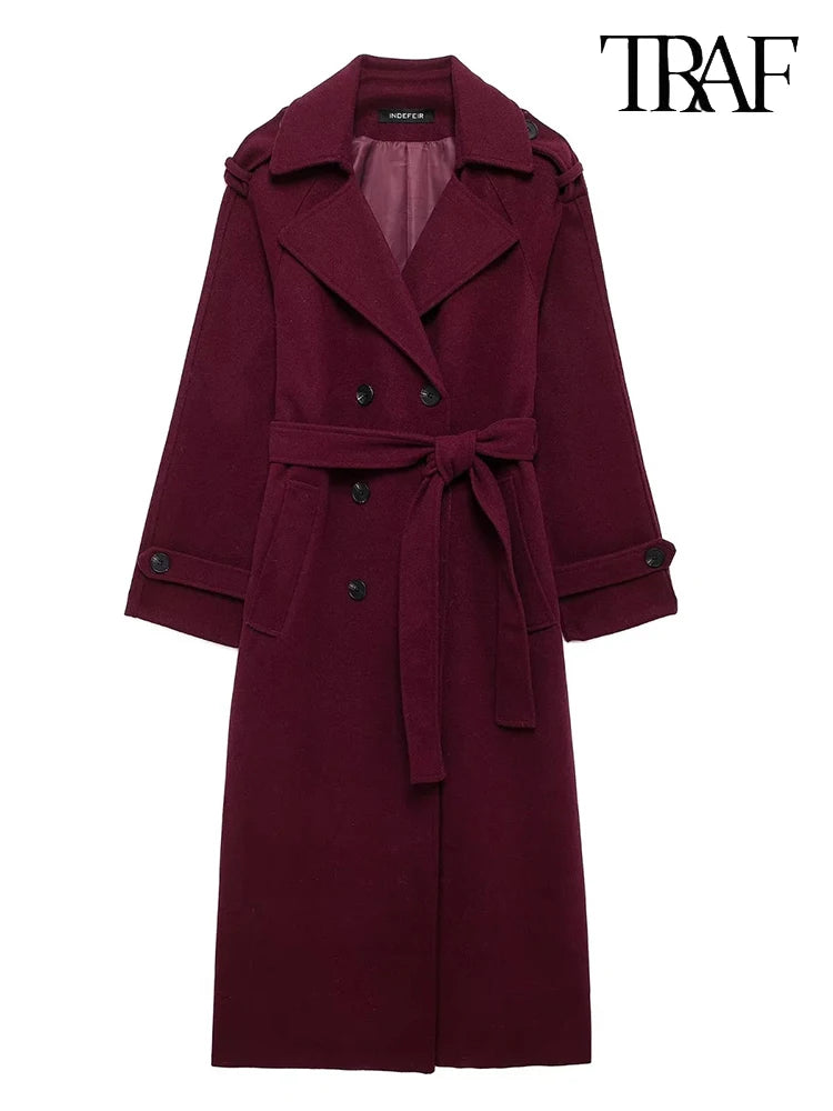 Burgundy with belt lapel tweed coat