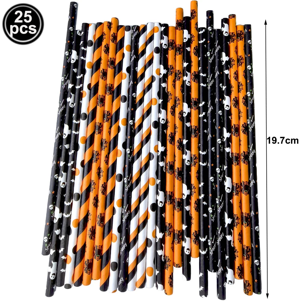 25/50/100pcs Halloween Theme Disposable Paper Straws Spider Skull