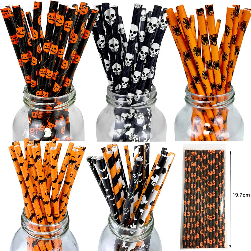 25/50/100pcs Halloween Theme Disposable Paper Straws Spider Skull