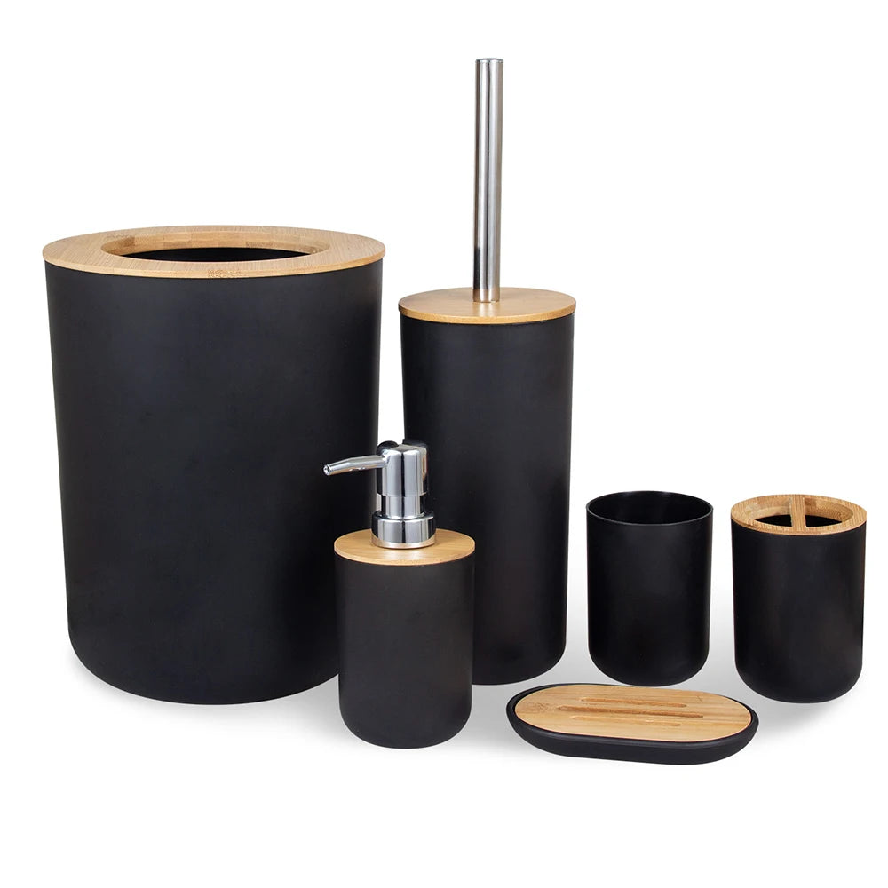 6-Piece Bathroom Set in Plastic & Bamboo – Organisation, Sophistication & Practicality