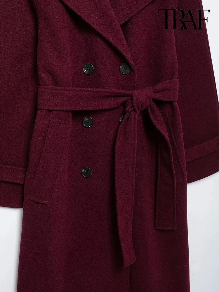 Burgundy with belt lapel tweed coat