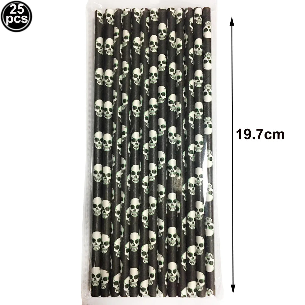 25/50/100pcs Halloween Theme Disposable Paper Straws Spider Skull