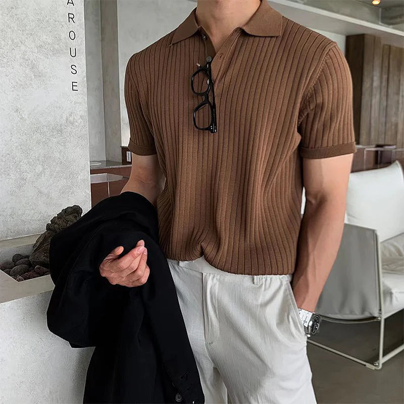 Clothing Retro Knit Lapel Striped Polo Shirt