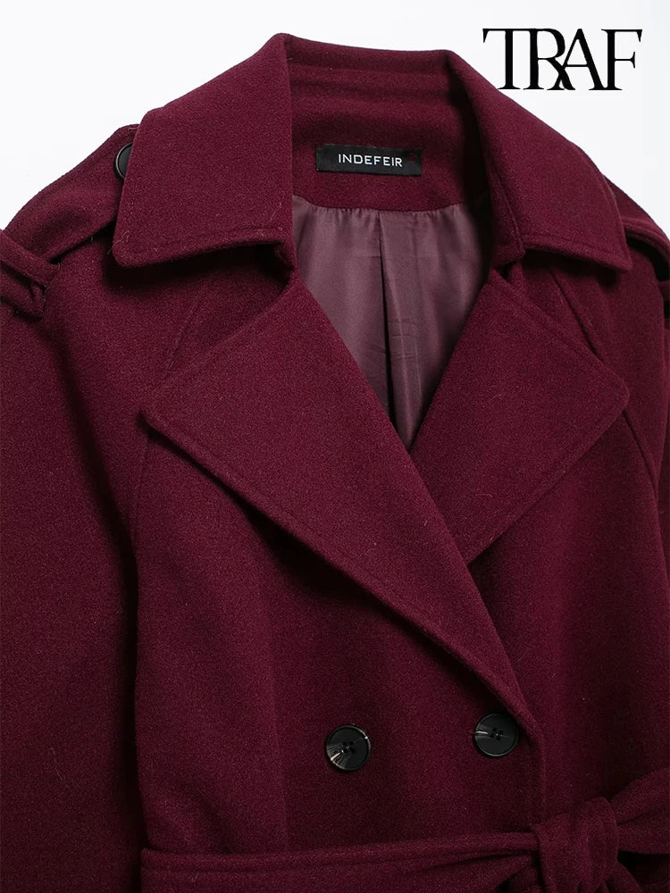 Burgundy with belt lapel tweed coat