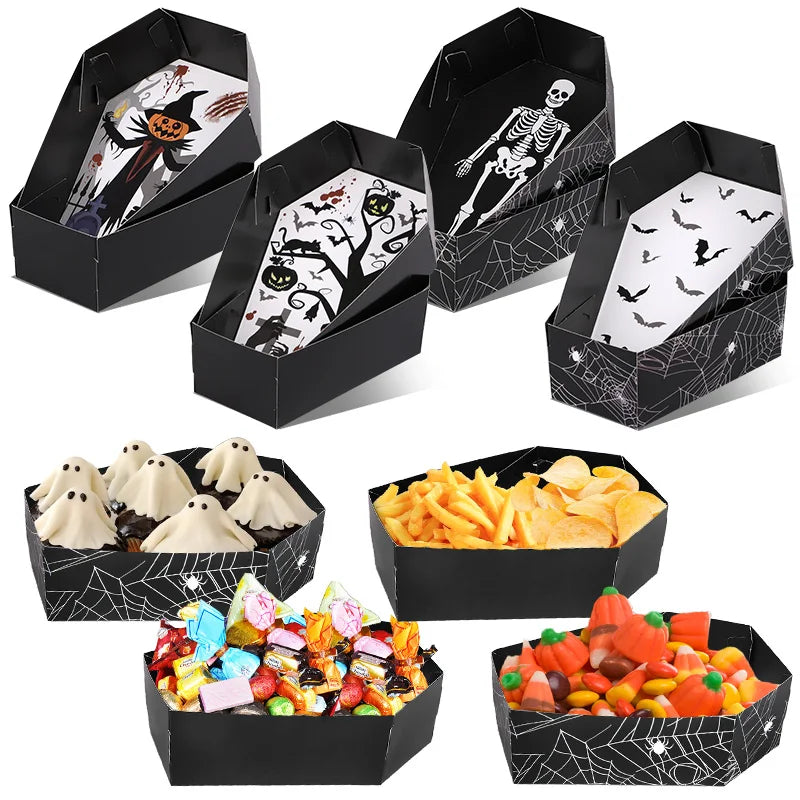 12/24Pcs Halloween Coffin Paper Food Serving Trays Candy