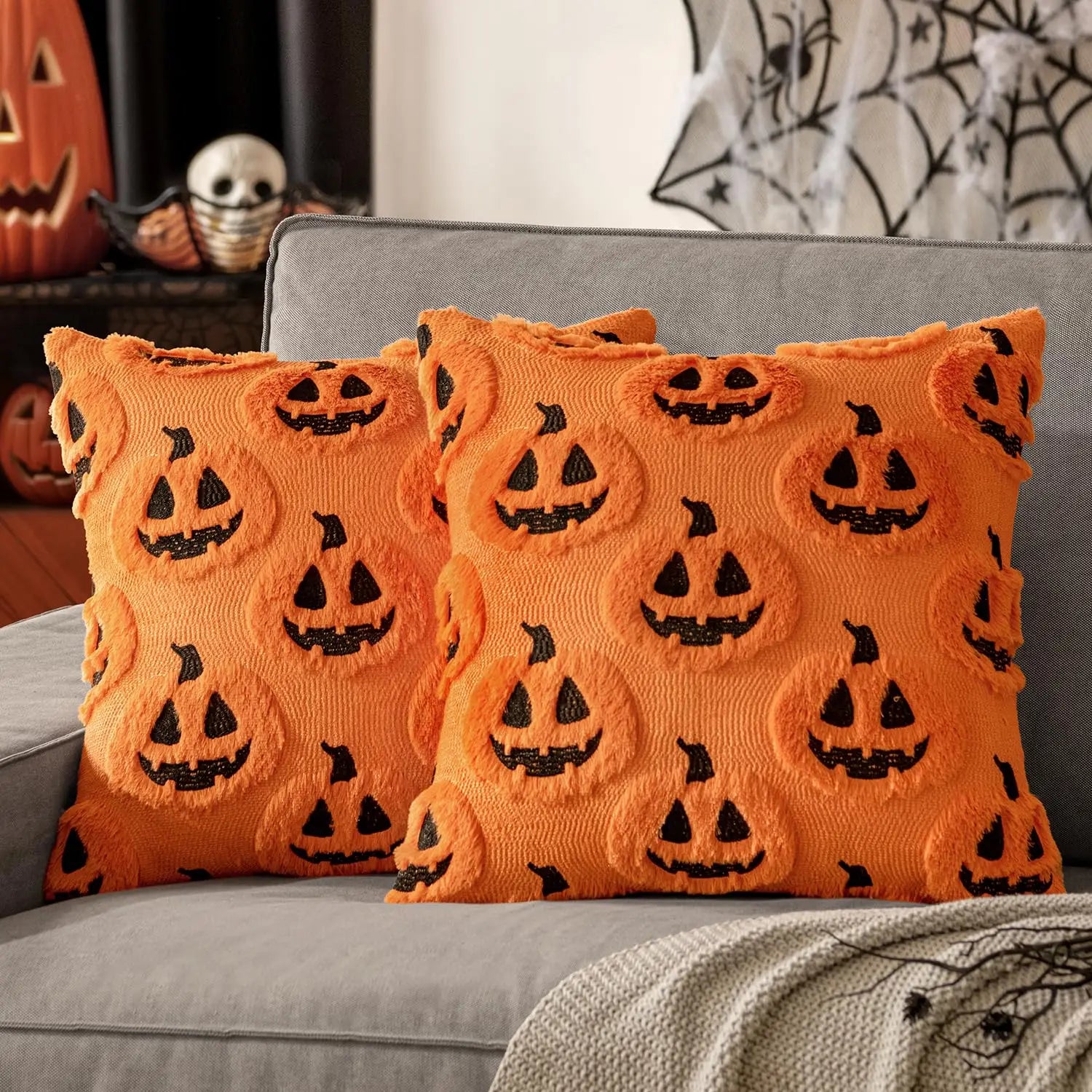 Ghost Pumpkin Plush Faux Fur Pillow Covers