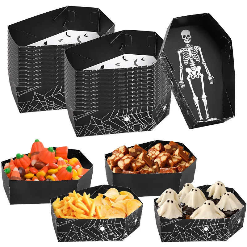 12/24Pcs Halloween Coffin Paper Food Serving Trays Candy