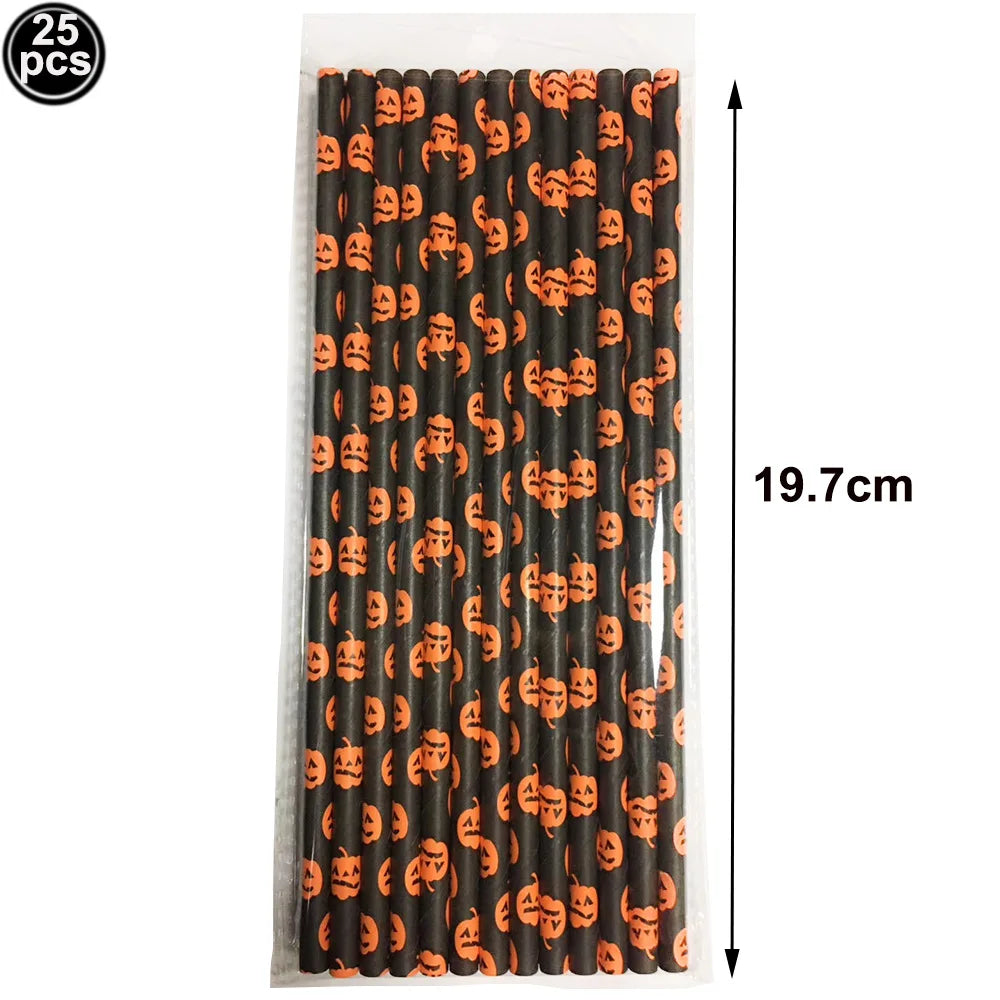 25/50/100pcs Halloween Theme Disposable Paper Straws Spider Skull