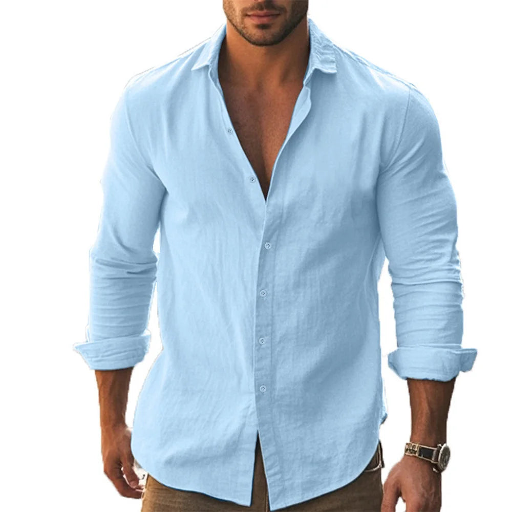 Shirt Men Cotton Linen Hawaiian Long Sleeve