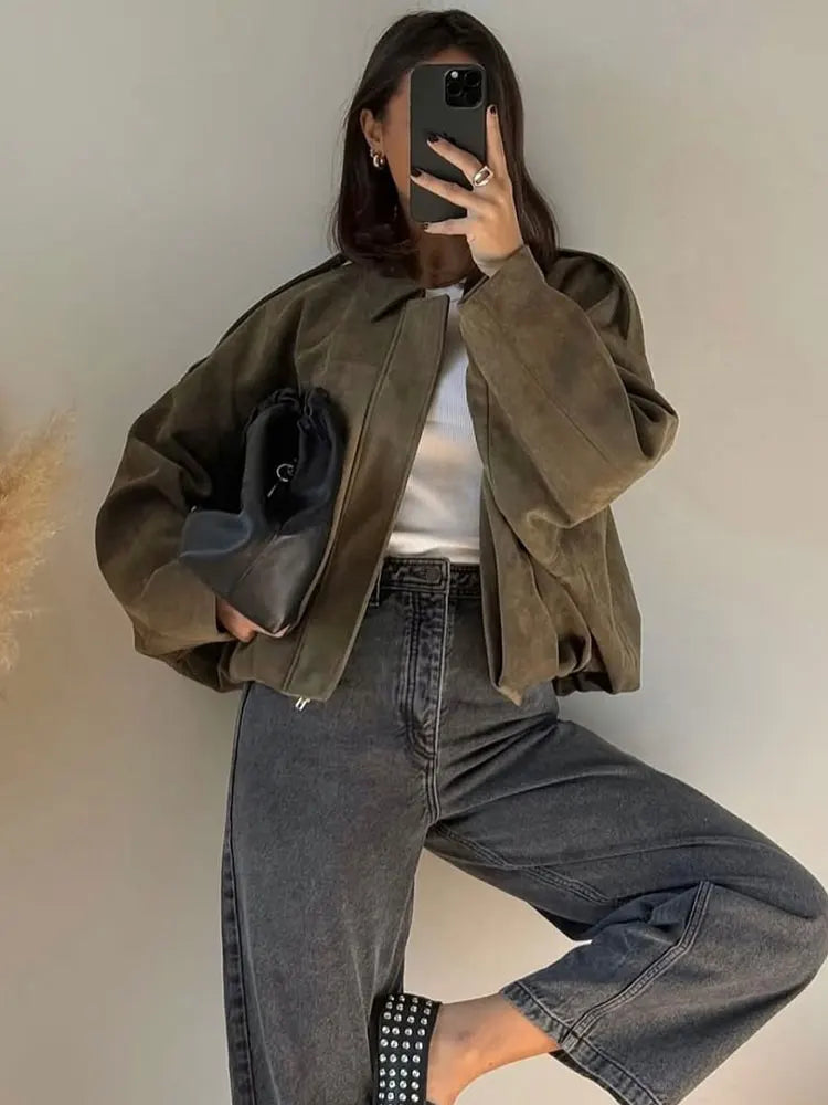 Women Brown Green Suede Jacket Loose