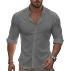Shirt Men Cotton Linen Hawaiian Long Sleeve
