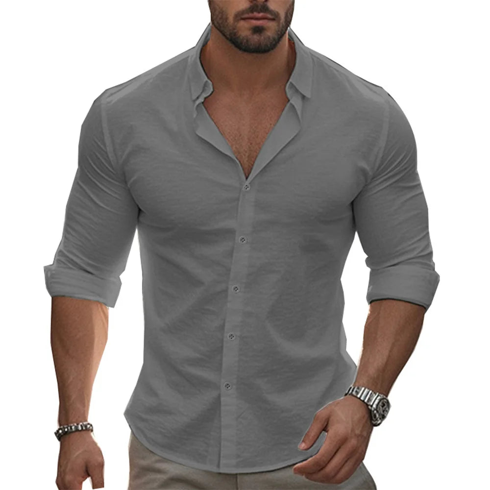 Shirt Men Cotton Linen Hawaiian Long Sleeve