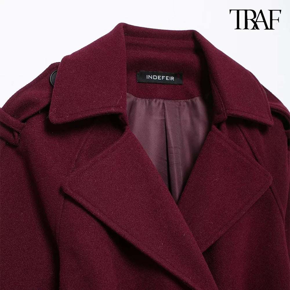 Burgundy with belt lapel tweed coat