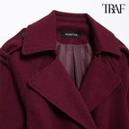 Burgundy with belt lapel tweed coat