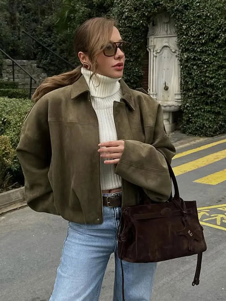 Women Brown Green Suede Jacket Loose