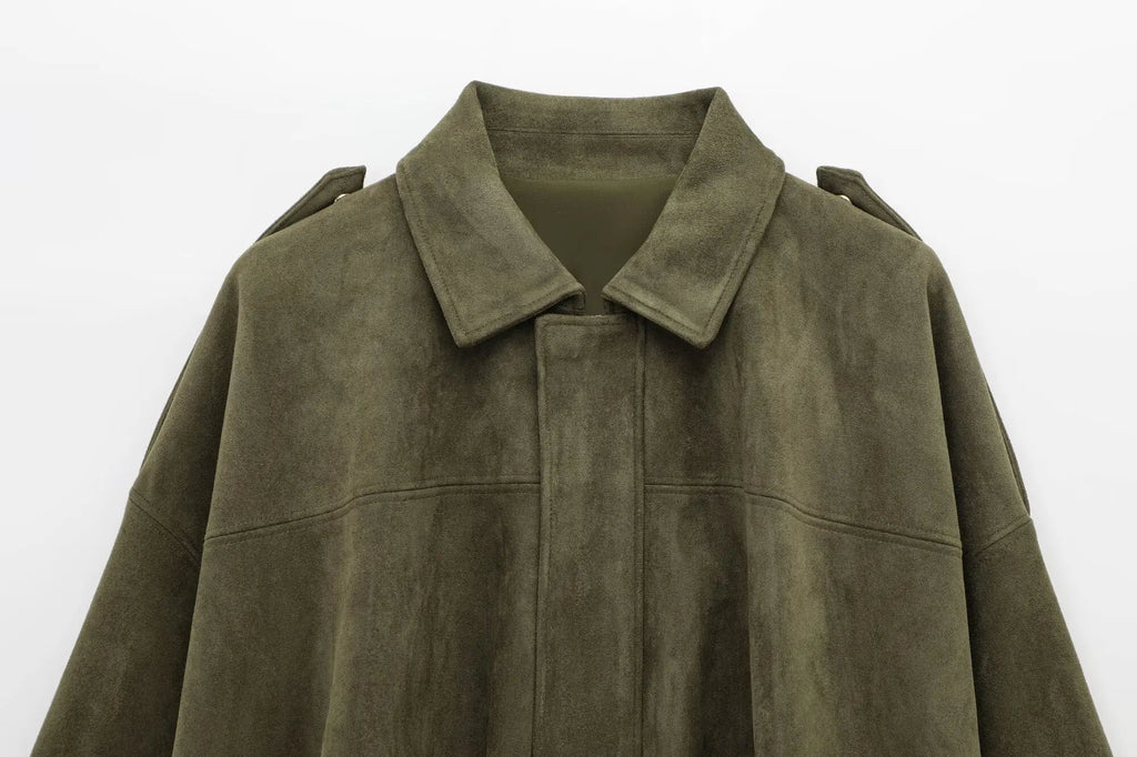 Women Brown Green Suede Jacket Loose