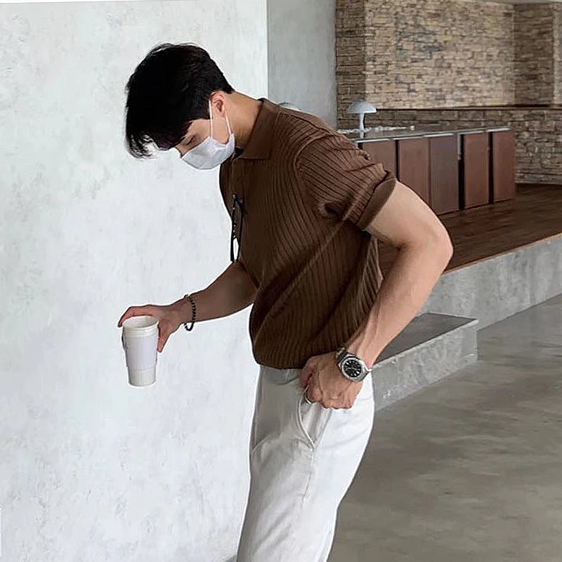 Clothing Retro Knit Lapel Striped Polo Shirt