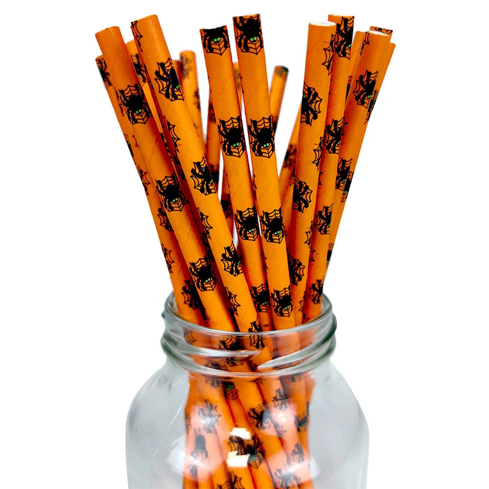 25/50/100pcs Halloween Theme Disposable Paper Straws Spider Skull