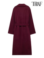 Burgundy with belt lapel tweed coat