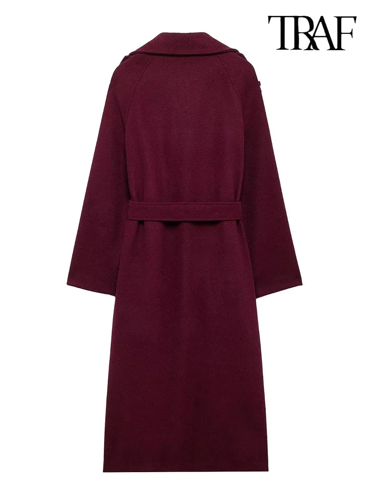 Burgundy with belt lapel tweed coat