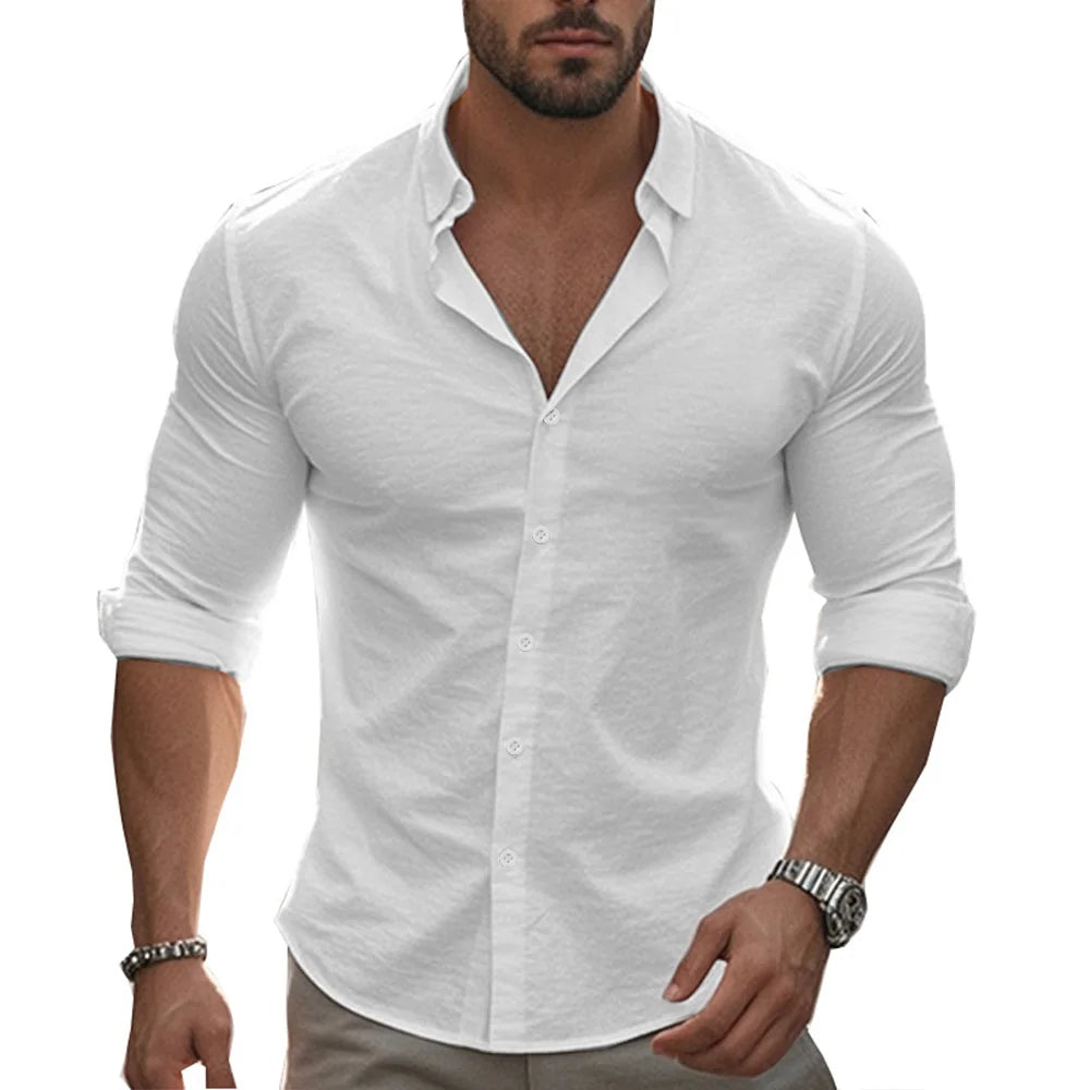Shirt Men Cotton Linen Hawaiian Long Sleeve