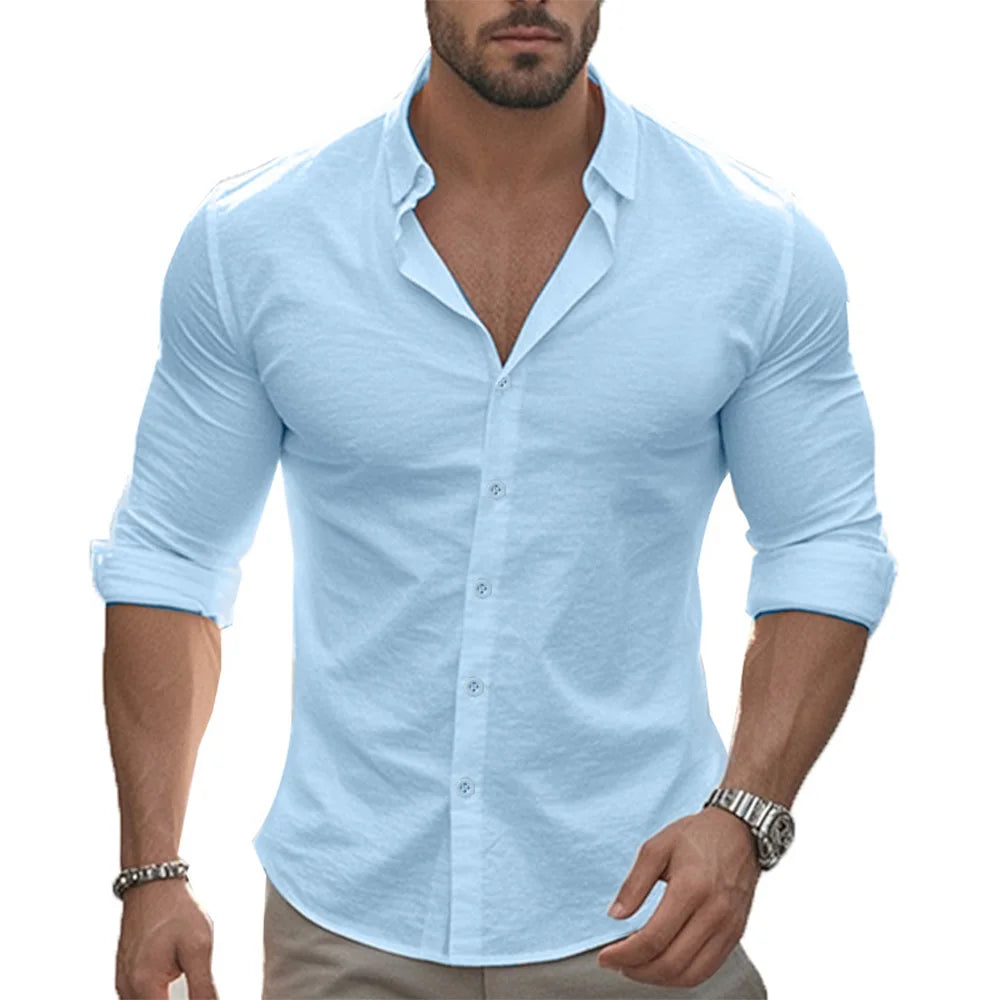 Shirt Men Cotton Linen Hawaiian Long Sleeve