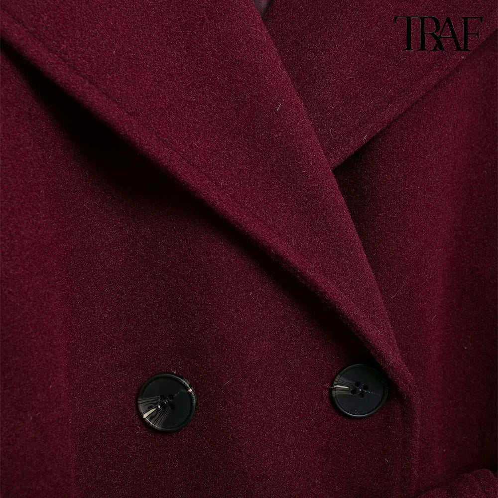 Burgundy with belt lapel tweed coat