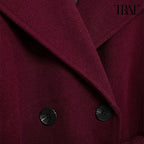 Burgundy with belt lapel tweed coat