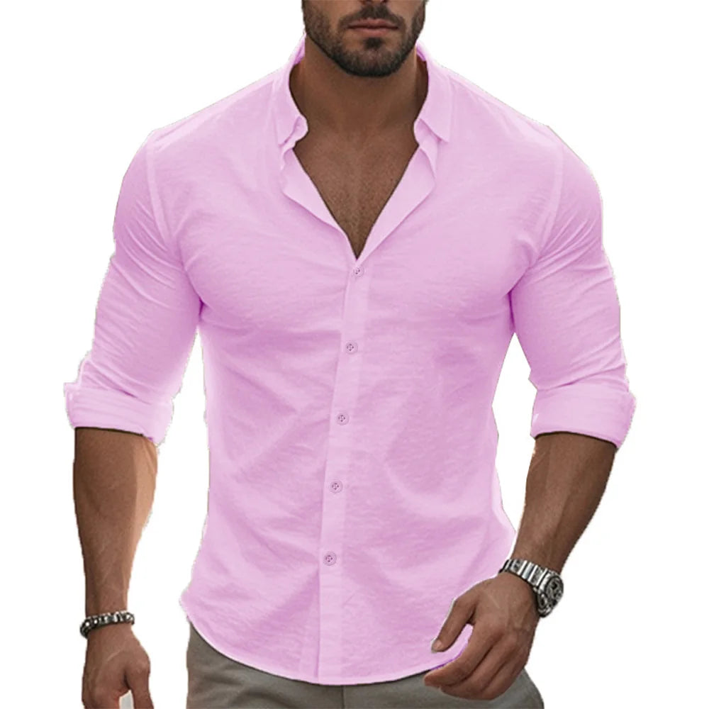 Shirt Men Cotton Linen Hawaiian Long Sleeve
