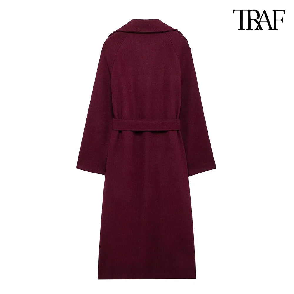 Burgundy with belt lapel tweed coat
