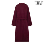 Burgundy with belt lapel tweed coat
