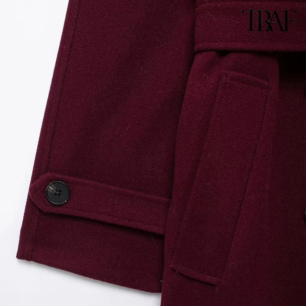 Burgundy with belt lapel tweed coat