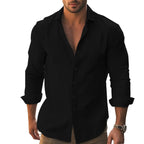 Shirt Men Cotton Linen Hawaiian Long Sleeve