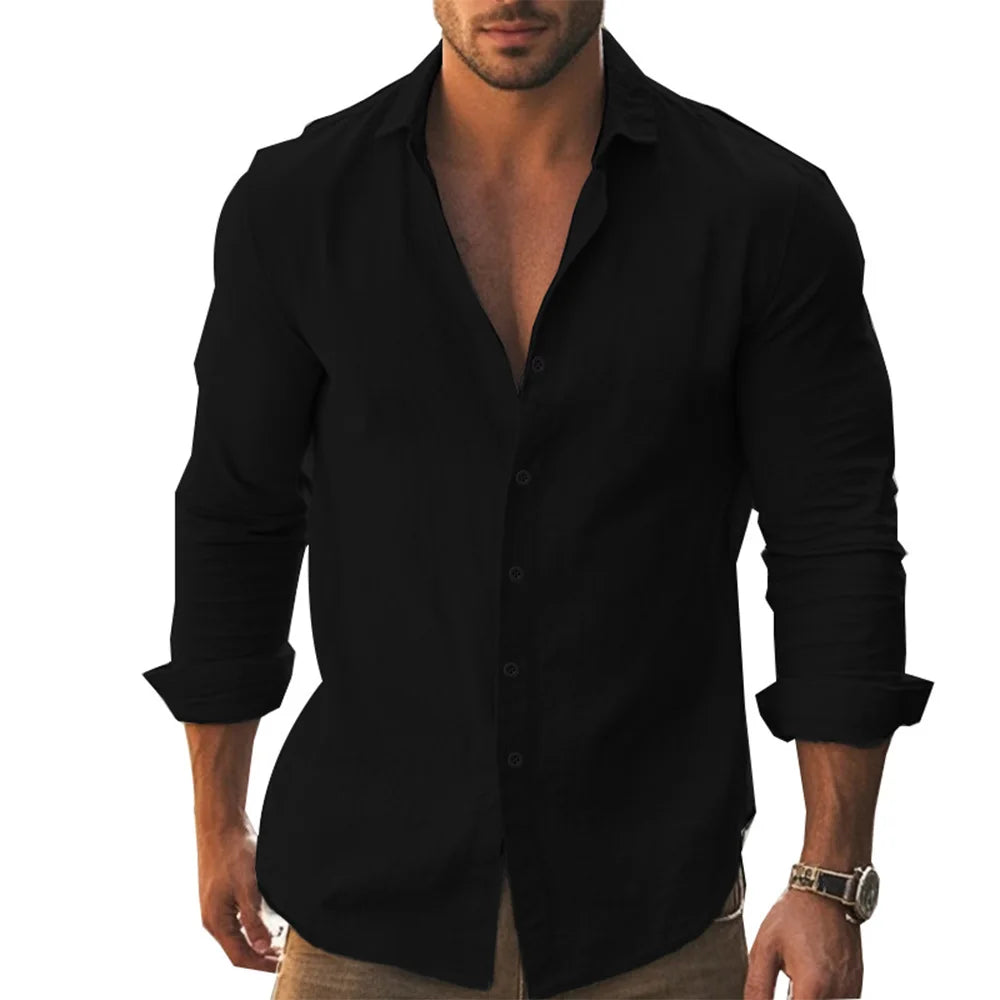 Shirt Men Cotton Linen Hawaiian Long Sleeve