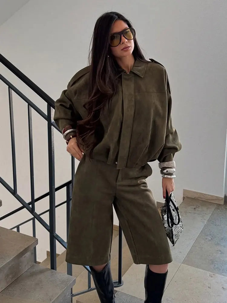 Women Brown Green Suede Jacket Loose