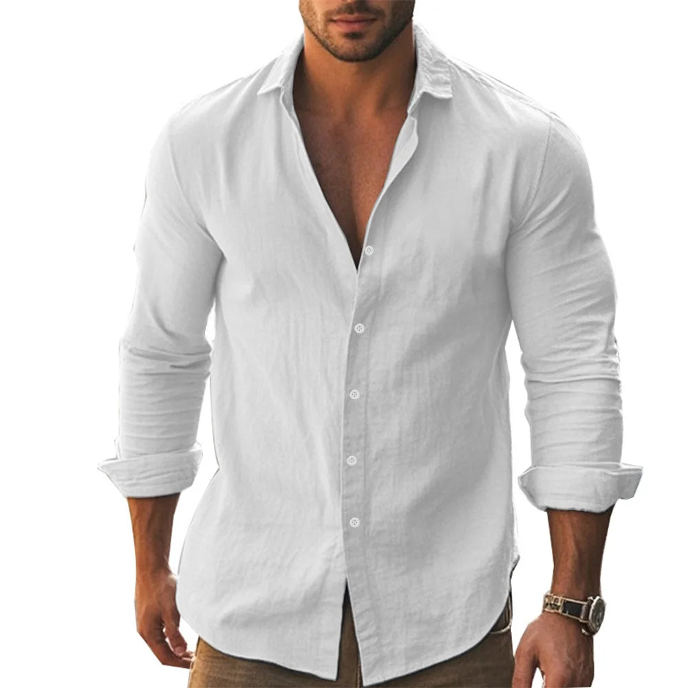Shirt Men Cotton Linen Hawaiian Long Sleeve