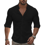 Shirt Men Cotton Linen Hawaiian Long Sleeve