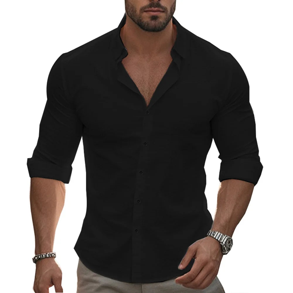 Shirt Men Cotton Linen Hawaiian Long Sleeve