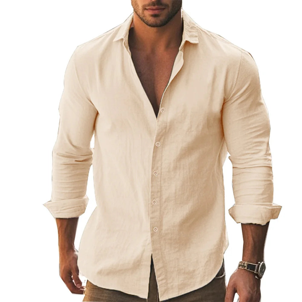 Shirt Men Cotton Linen Hawaiian Long Sleeve