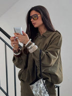 Women Brown Green Suede Jacket Loose